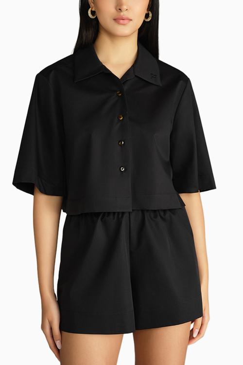 Black Egyptian Cotton Cropped Bowling Shirt