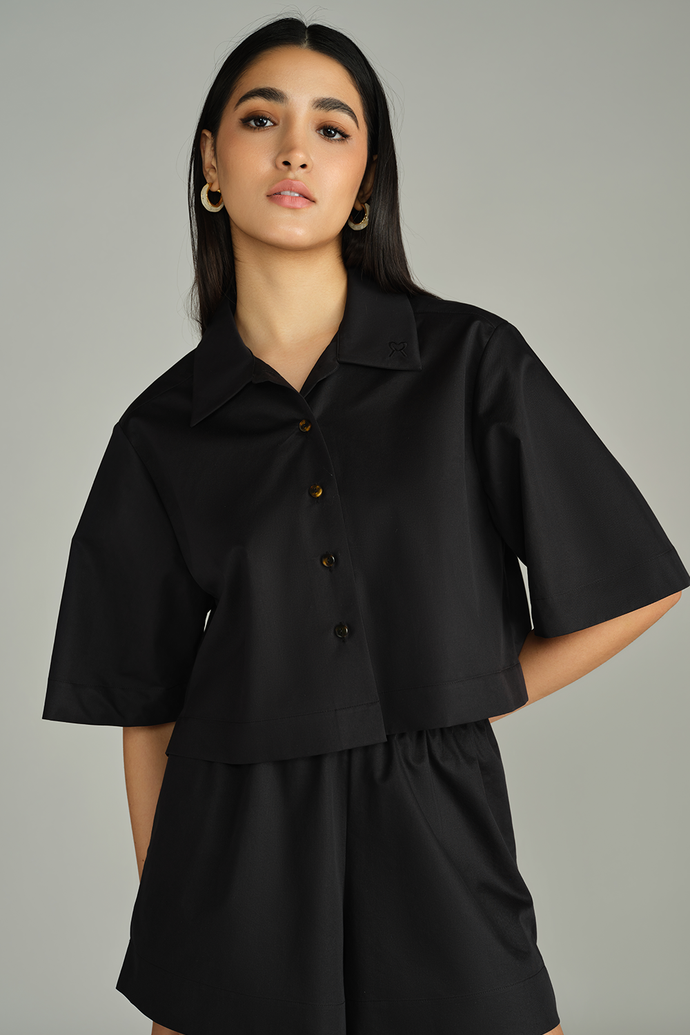 Black Egyptian Cotton Cropped Bowling Shirt