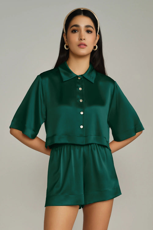 Emerald Silk Cropped Bowling Shirt