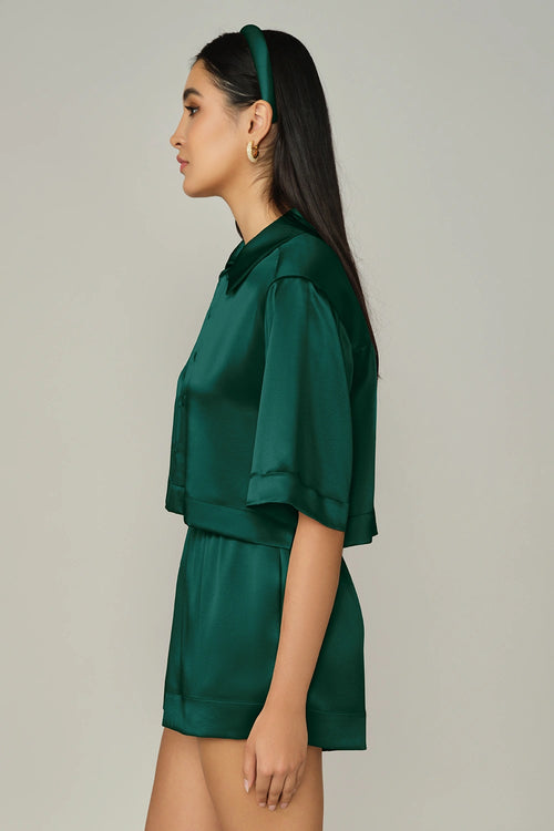 Emerald Silk Cropped Bowling Shirt