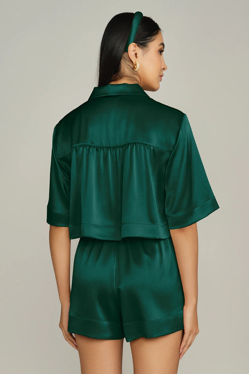 Emerald Silk Cropped Bowling Shirt