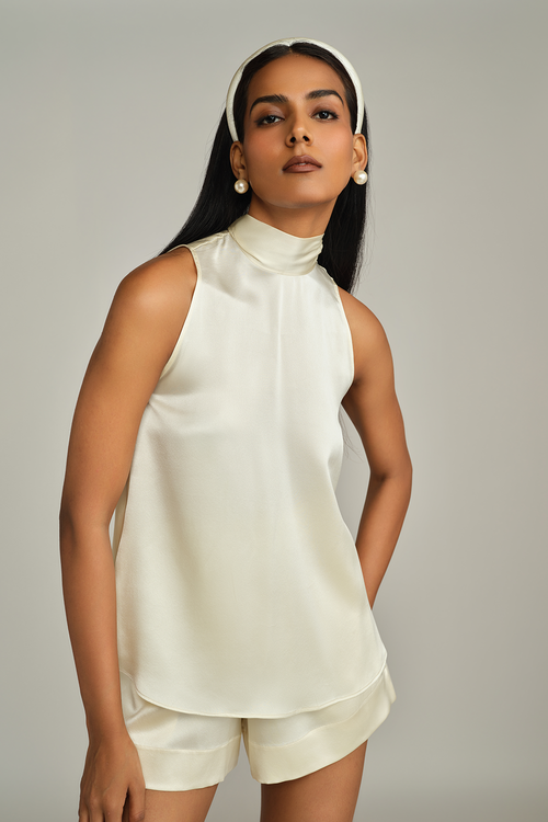 Cream Silk Tie-Neck Top