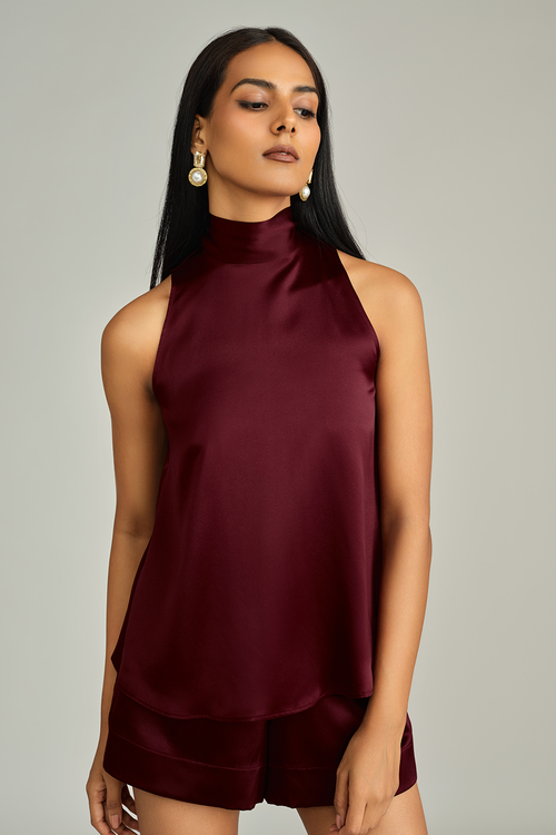 Burgundy Silk Tie-Neck Top