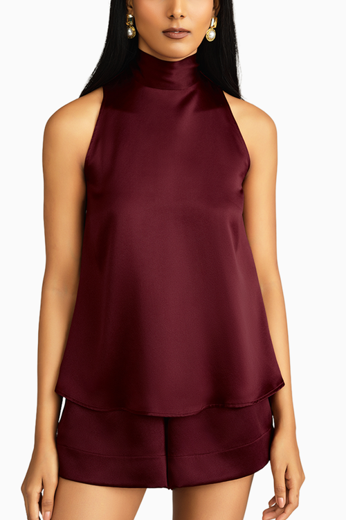 Burgundy Silk Tie-Neck Top