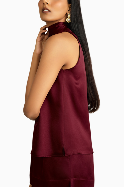 Burgundy Silk Tie-Neck Top