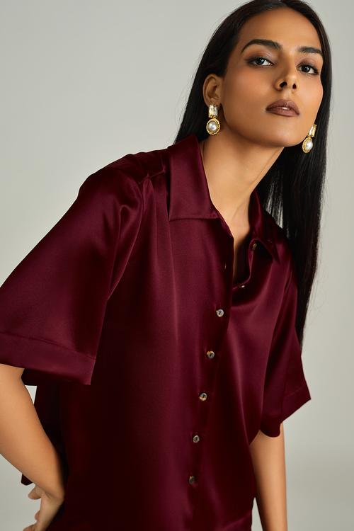 Burgundy Silk Bowling Shirt