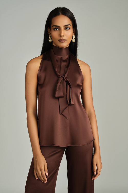 Espresso Silk Tie-Neck Top