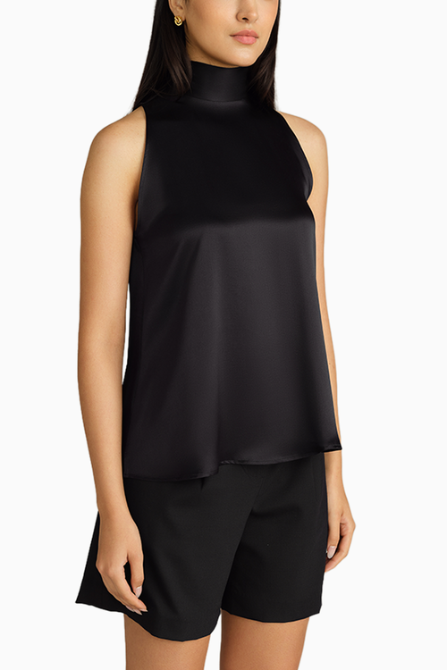 Black Silk Tie-Neck Top