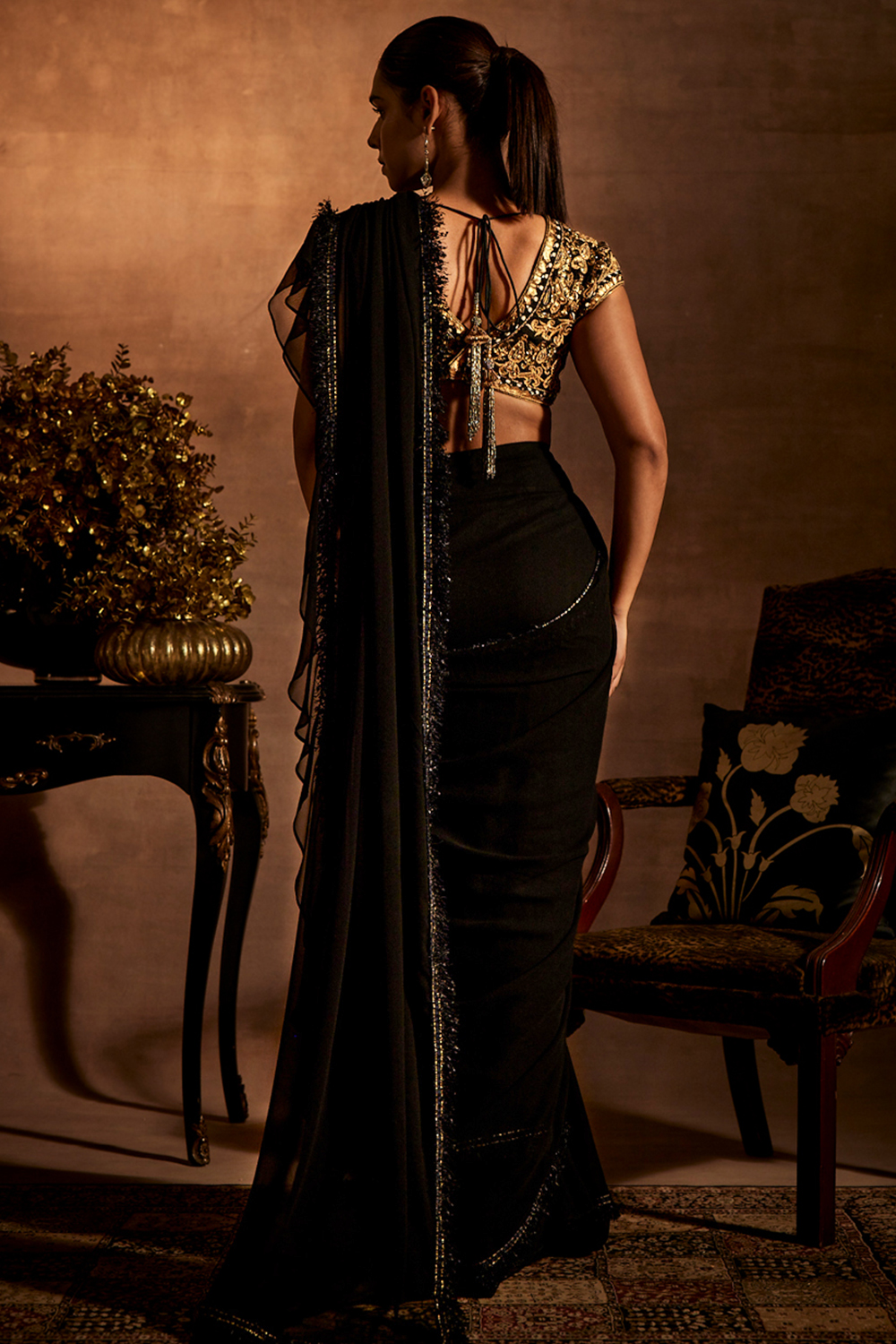 Black & Gold Drape Saree with Blouse