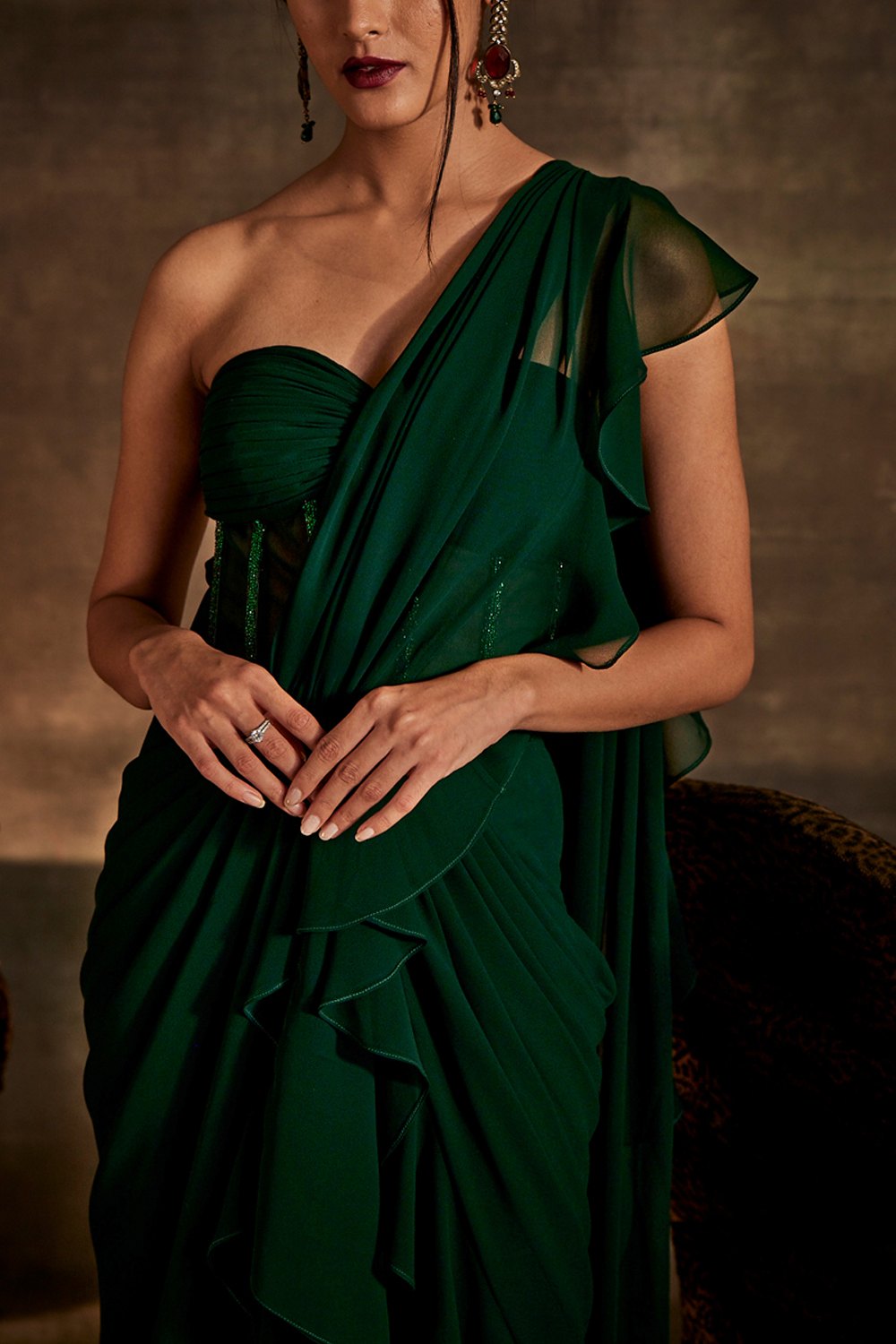 Emerald Green Drape Saree with attached Corset