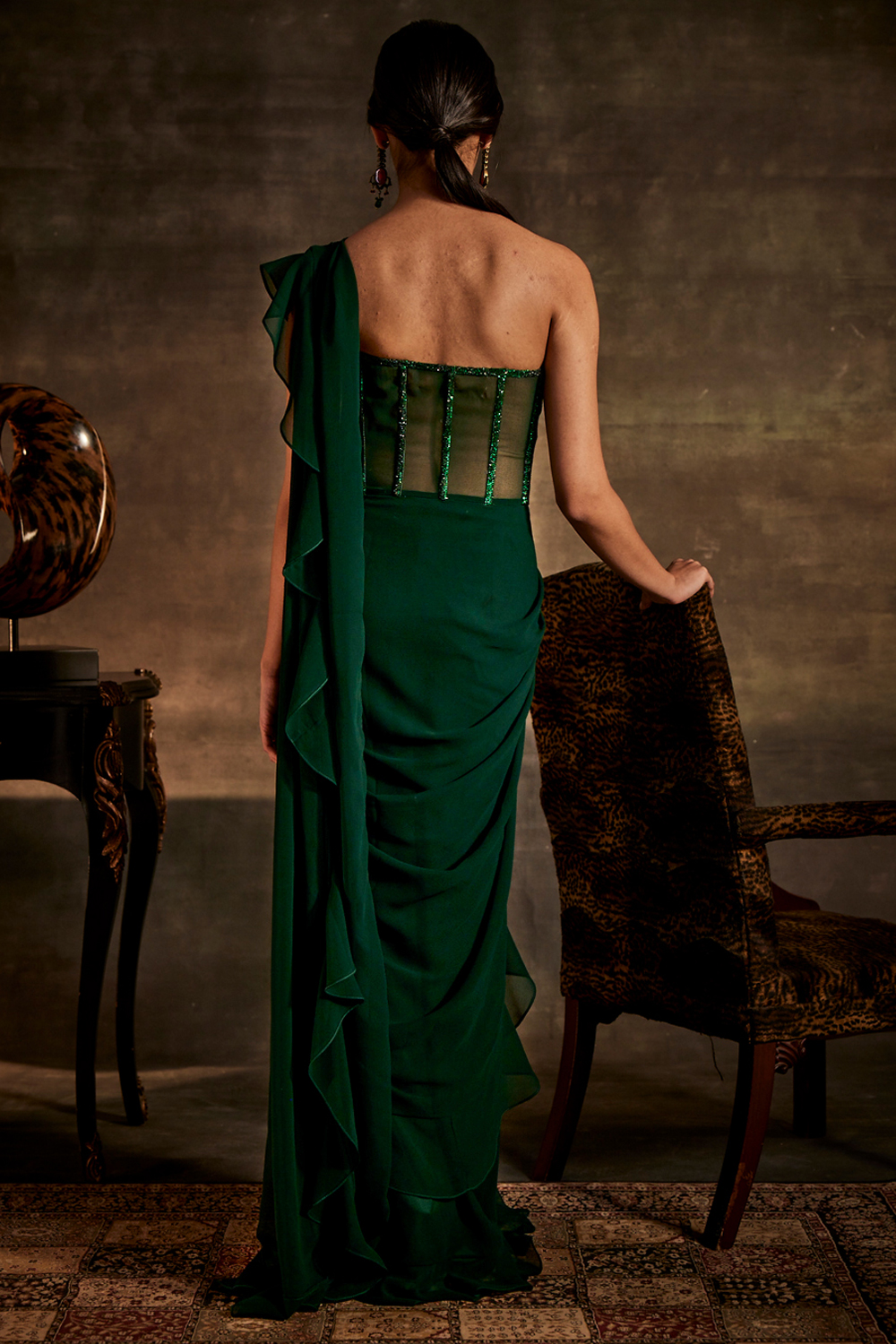 Emerald Green Drape Saree with attached Corset