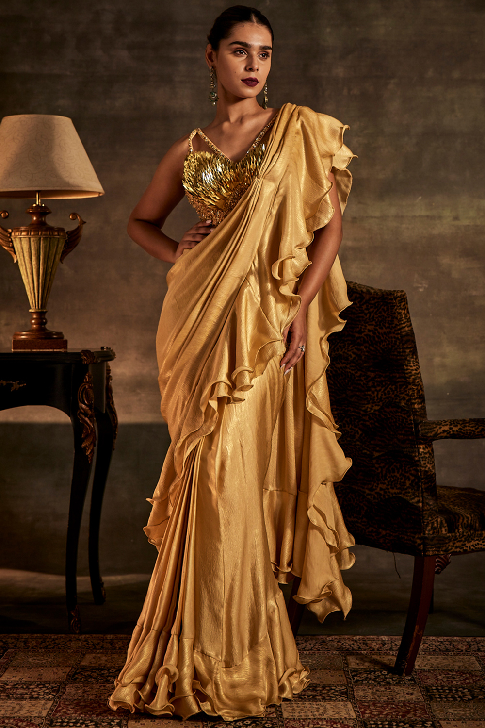Embellished Gold Drape Saree with Blouse