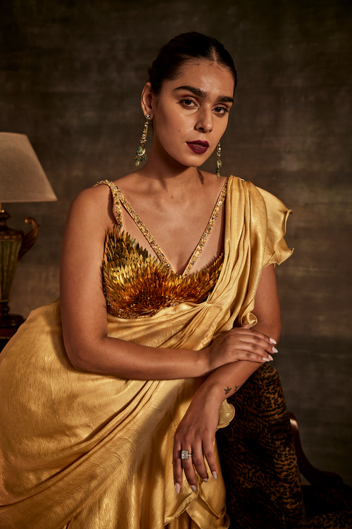 Embellished Gold Drape Saree with Blouse