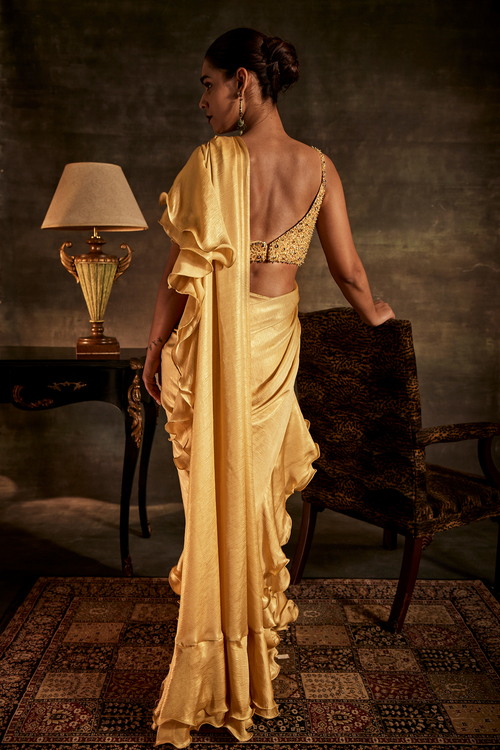 Embellished Gold Drape Saree with Blouse