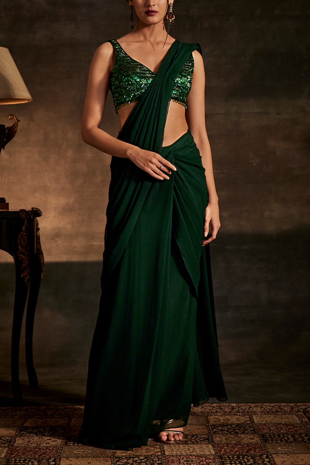 Embellished Emerald Green Drape Saree with Blouse