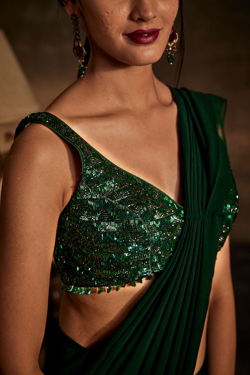 Embellished Emerald Green Drape Saree with Blouse