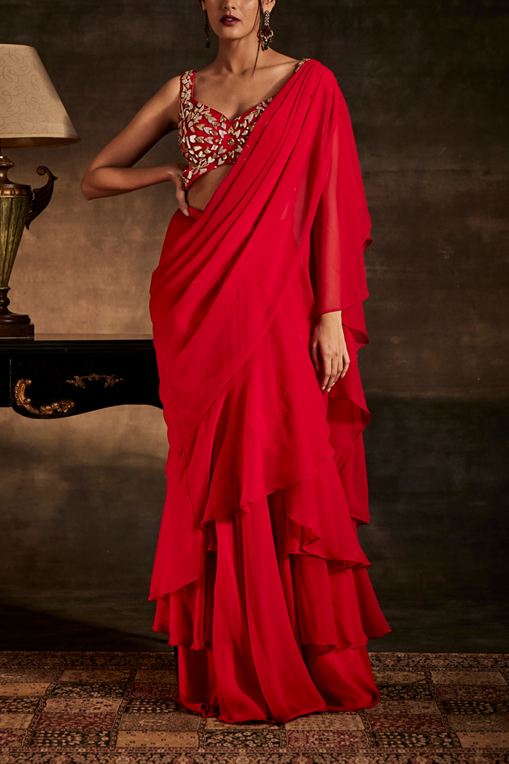 Red Drape Saree with Blouse