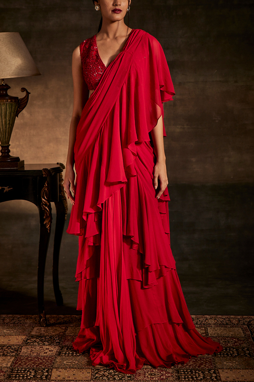Red Drape Saree with attached Blouse
