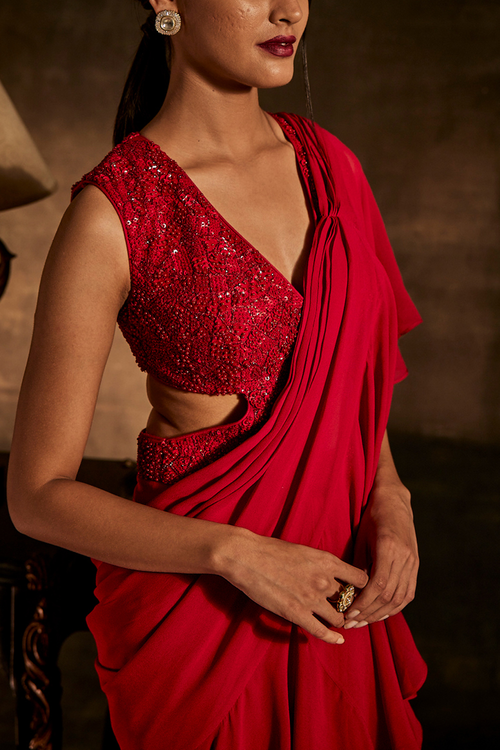 Red Drape Saree with attached Blouse