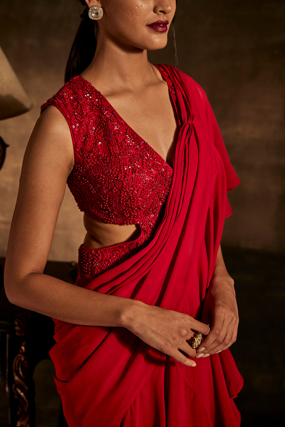 Red Drape Saree with attached Blouse