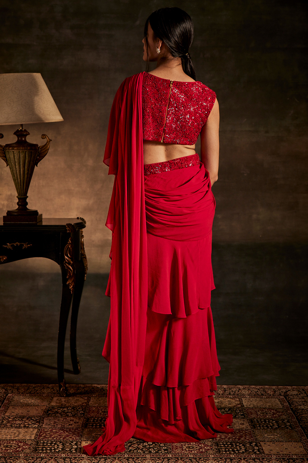 Red Drape Saree with attached Blouse