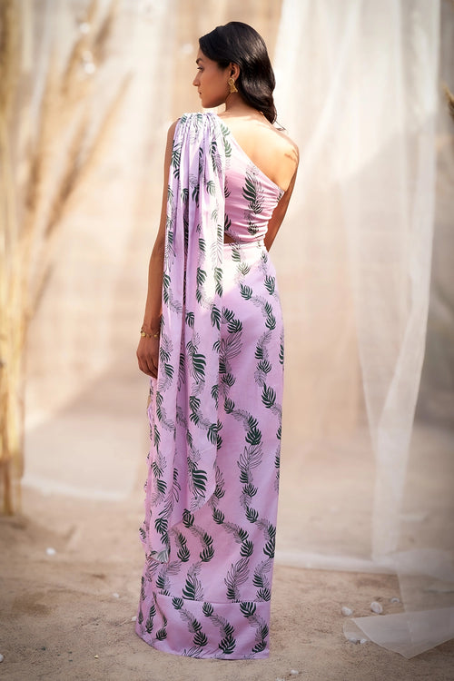 One-Shoulder Pink Leaf-Printed Drape Saree Dress