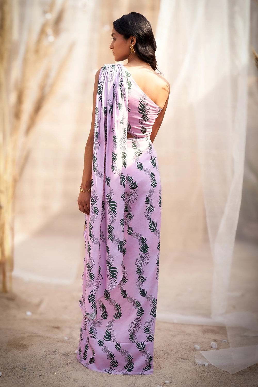 One-Shoulder Pink Leaf-Printed Drape Saree Dress