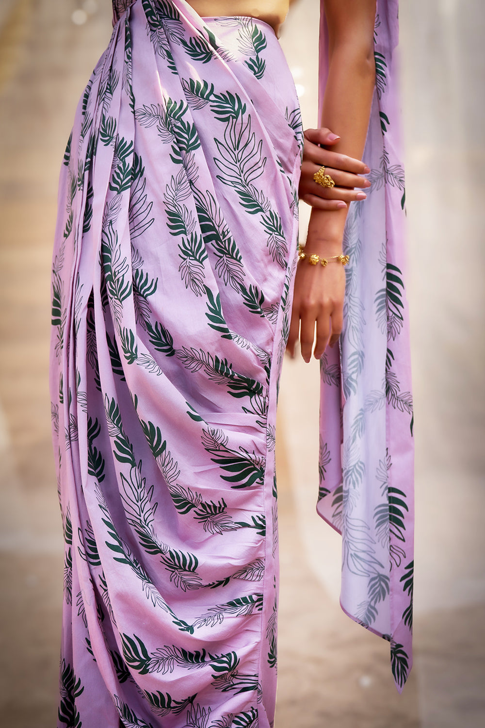 One-Shoulder Pink Leaf-Printed Drape Saree Dress