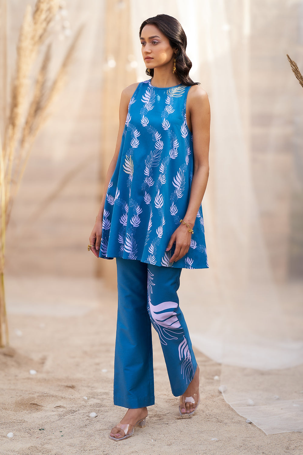 Deep Blue Base Leaf Printed Kurta Set