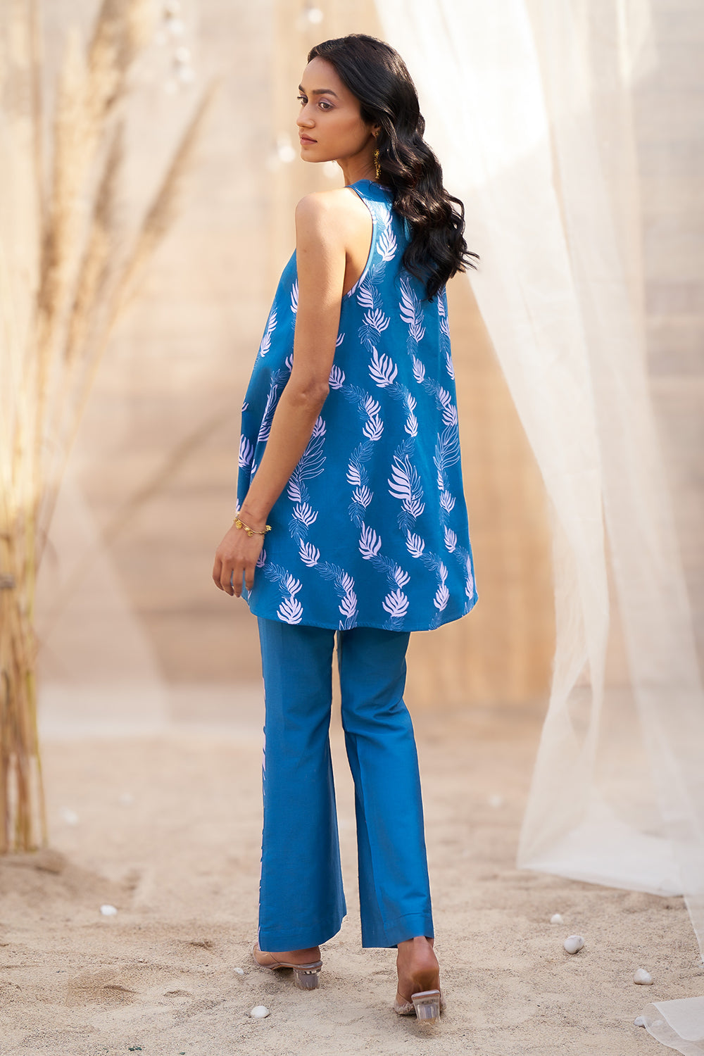 Deep Blue Base Leaf Printed Kurta Set