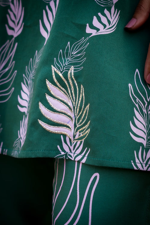 Green Base Leaf Printed Kurta Set