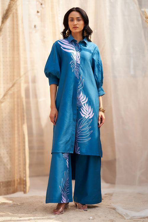 Deep Blue Statement Leaf-Print Co-ord Set