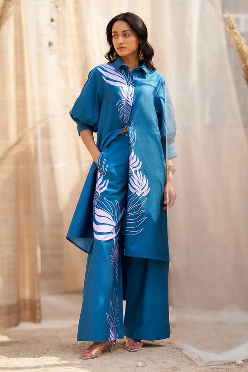Deep Blue Statement Leaf-Print Co-ord Set