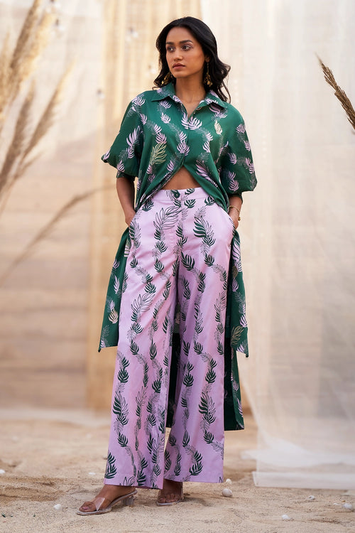Green Charming Leaf-Print Kurta with Pink Flared Pants