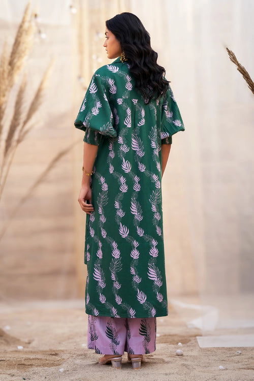 Green Charming Leaf-Print Kurta with Pink Flared Pants