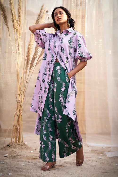 Pink Charming Leaf-Print Kurta with Green Flared Pants