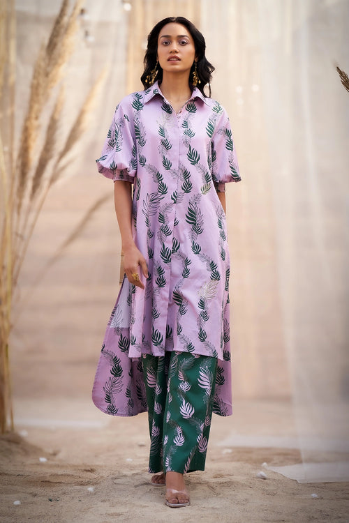 Pink Charming Leaf-Print Kurta with Green Flared Pants