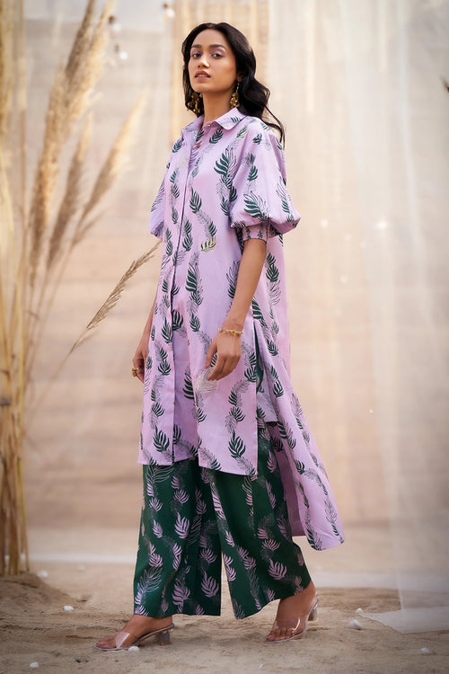 Pink Charming Leaf-Print Kurta with Green Flared Pants