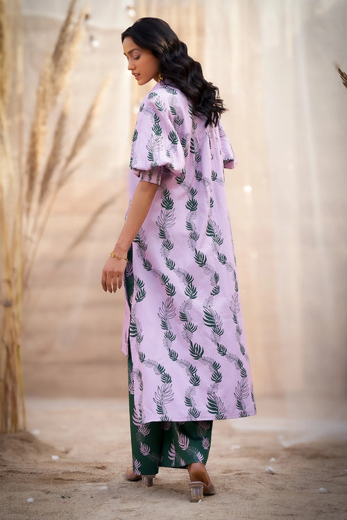 Pink Charming Leaf-Print Kurta with Green Flared Pants