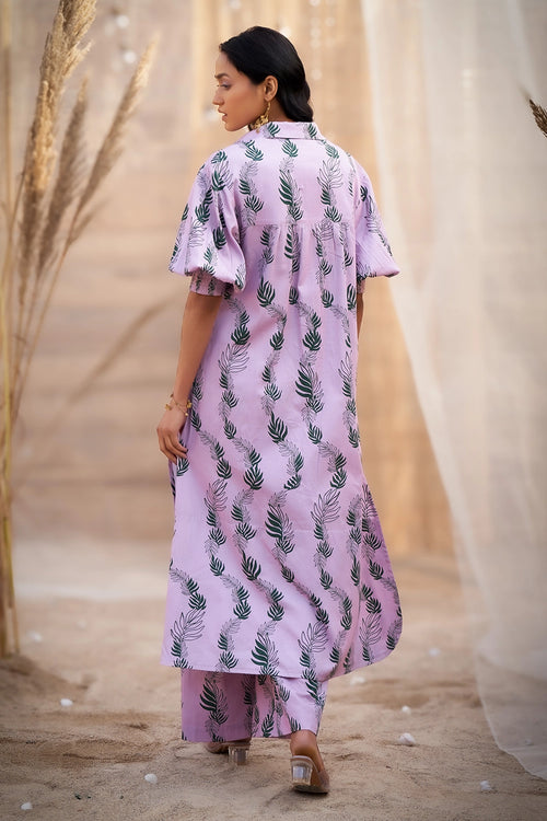 Pink Charming Leaf-Print Kurta with Flared Pants