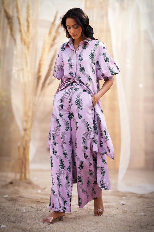 Pink Charming Leaf-Print Kurta with Flared Pants