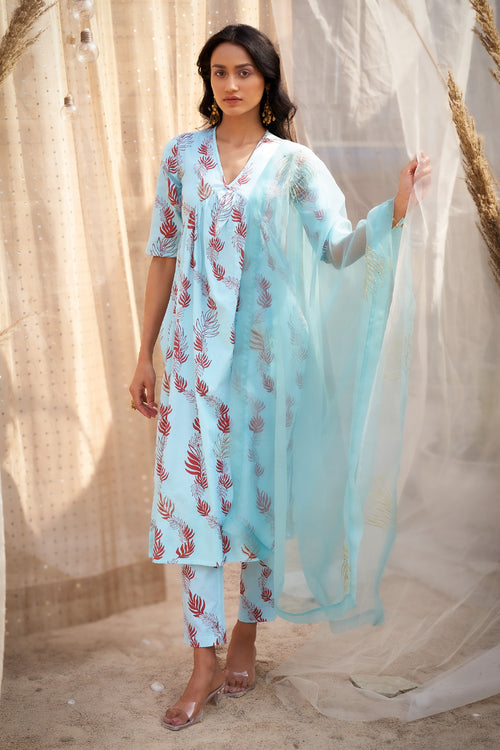 Elegant Blue Leaf-Printed Kurta Set with Dupatta