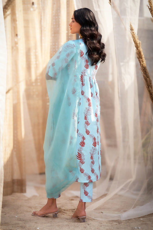 Elegant Blue Leaf-Printed Kurta Set with Dupatta