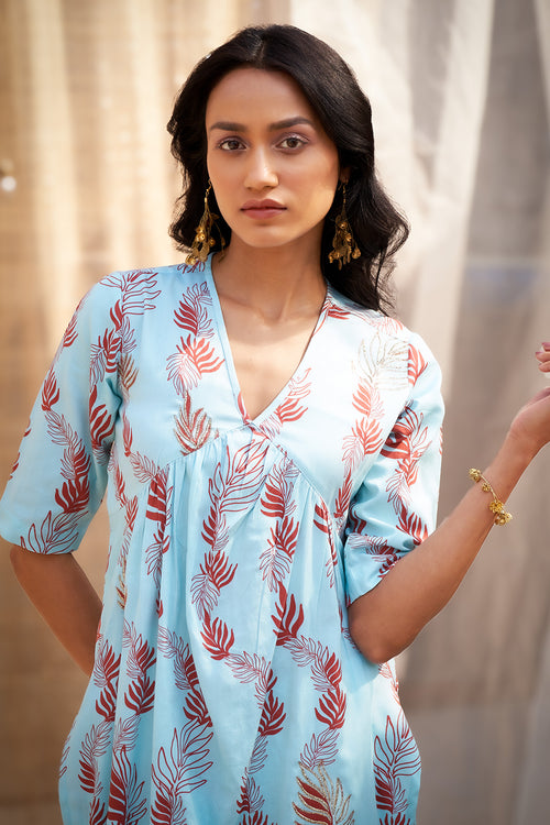 Elegant Blue Leaf-Printed Kurta Set with Dupatta