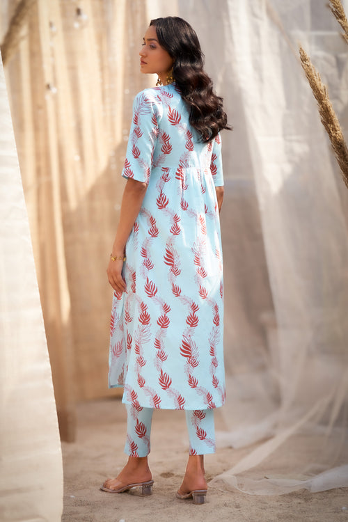 Elegant Blue Leaf-Printed Kurta Set with Dupatta