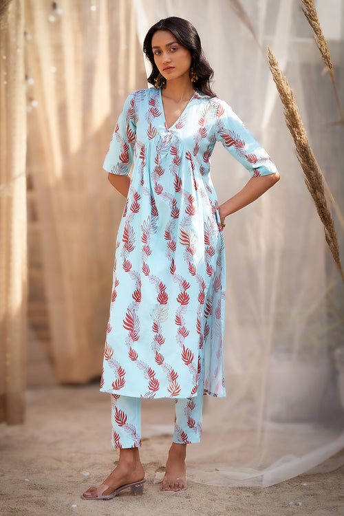 Elegant Blue Leaf-Printed Kurta Set with Dupatta