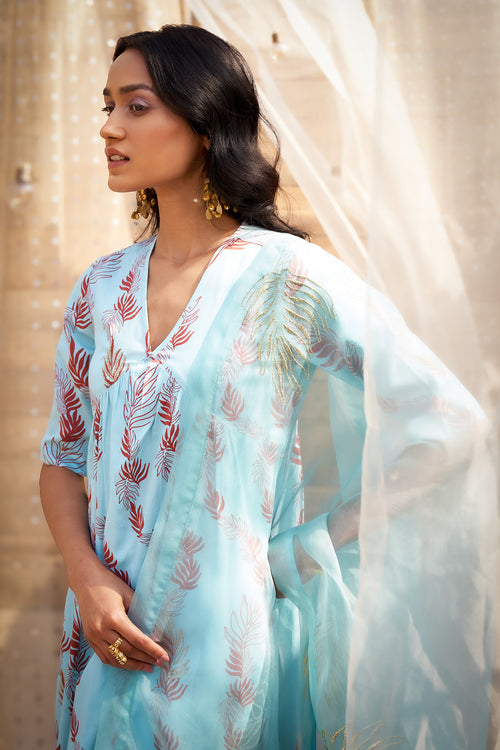 Elegant Blue Leaf-Printed Kurta Set with Dupatta