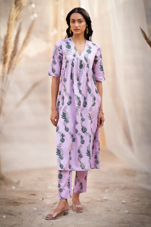 Elegant Pink Leaf-Printed Kurta Set with Dupatta