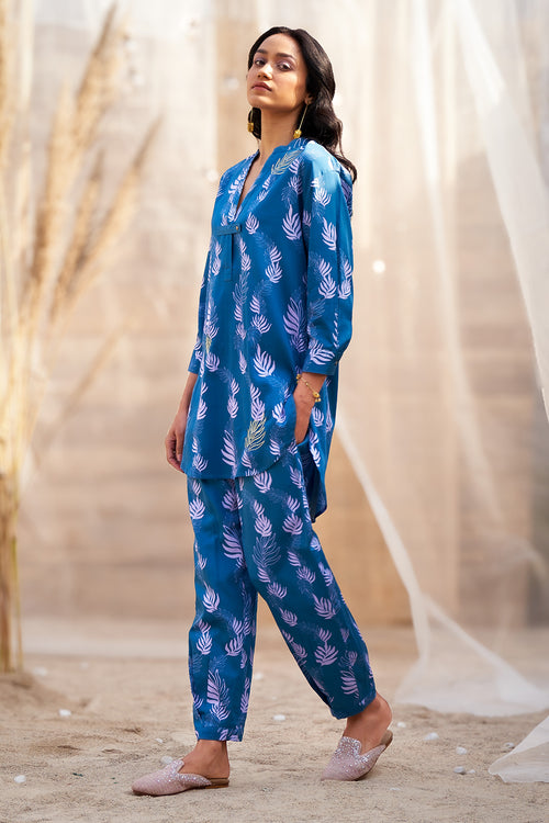 Deep Blue Base Leaf-Printed Co-ord Set
