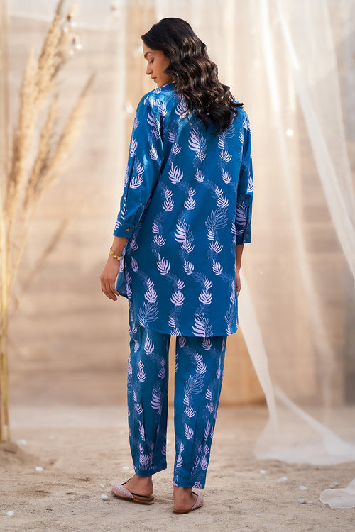 Deep Blue Base Leaf-Printed Co-ord Set